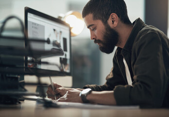 Notes, creative and man in office, computer and employee with ideas for project, night and web...