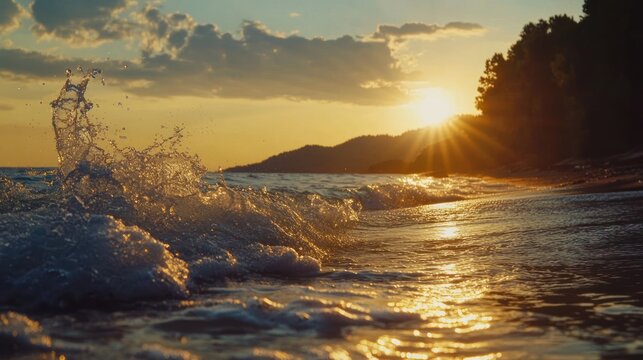 Golden coastal surge reflecting the sunset at dusk, peaceful nature scene