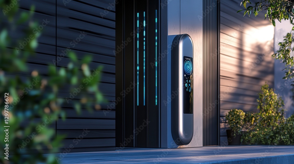 Poster high-tech biometric security door with ai facial recognition, voice authentication, and quantum-encr