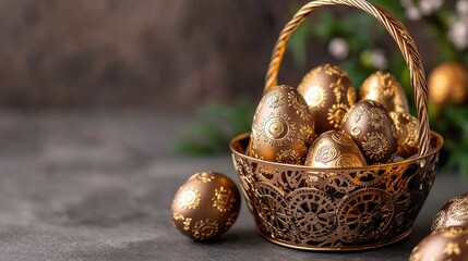 Obraz premium Easter egg basket in spring decoration Golden decorative eggs in an ornate basket on a textured surface.