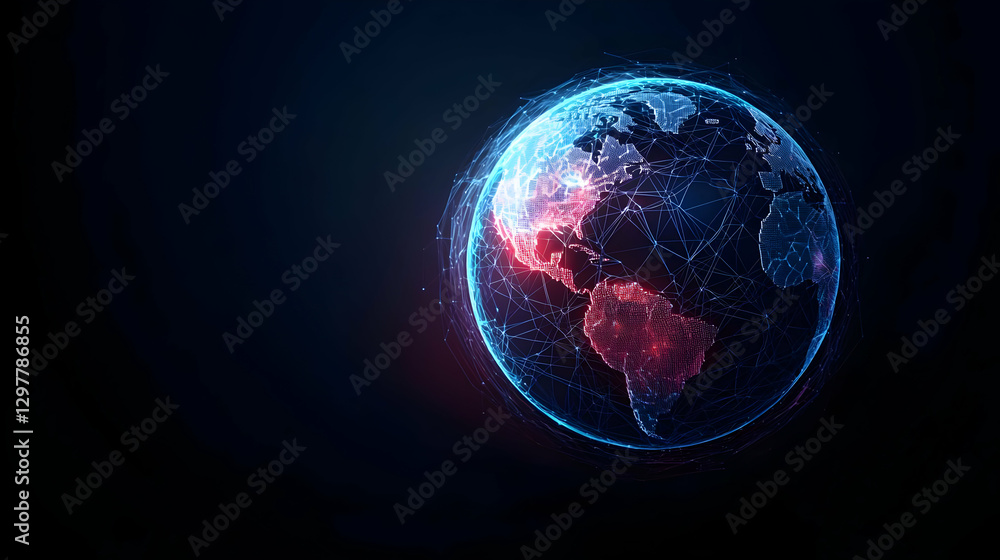Poster Digital Globe Depicting Earth With Blue And Red Data Points Against Dark Background Illustrating Technological Advancement