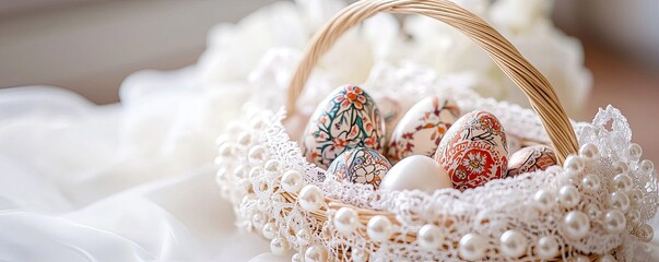 Easter egg basket in spring decoration A decorative basket filled with beautifully painted Easter eggs on a soft fabric backdrop.