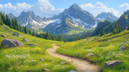 Obraz premium Alpine vista of trail winding through meadow towards majestic snow capped mountains on a clear summer day idyllic landscape backdrop