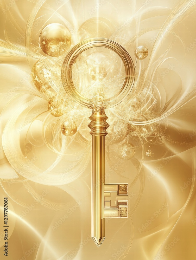 Poster golden key surrounded by luminous orbs and soft light creating a mystical ambiance in a vibrant spac