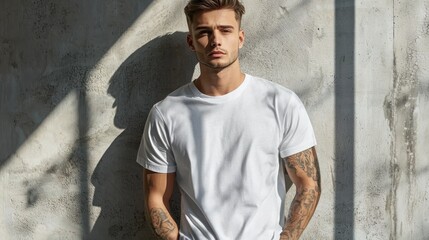 Fototapeta premium A male model posing in a t-shirt mockup, ideal for fashion and apparel branding