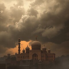 Obraz premium Architectural Marvel under Stormy Sky: A majestic building with intricate architectural details stands proudly beneath a dramatic, cloudy sky.