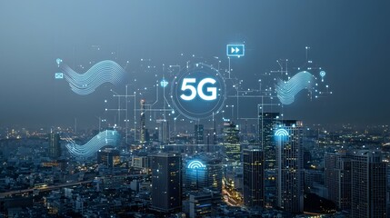 Glowing 5G icons and dynamic digital waves floating above a modern city skyline visualizing fast connectivity and communication technology for advertisements and business concepts