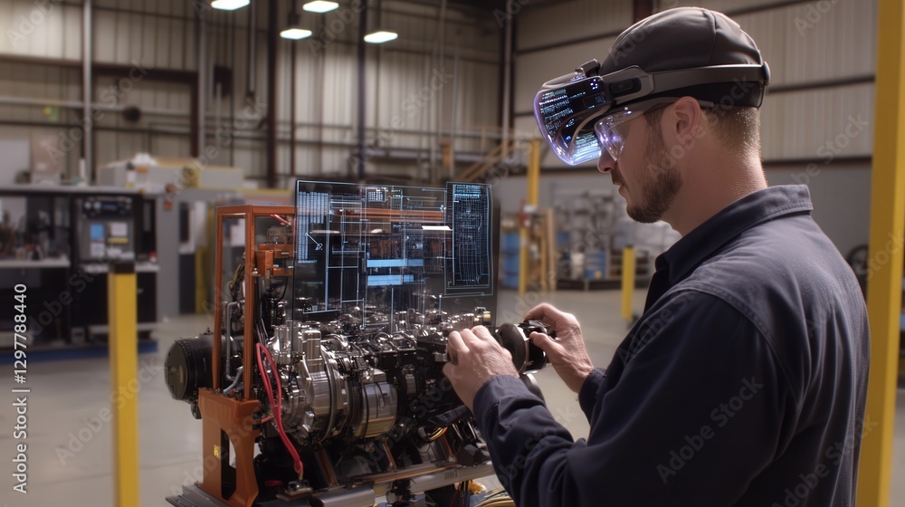 Aufkleber cutting-edge factory floor where a male engineer uses augmented reality technology to analyze a 3d h
