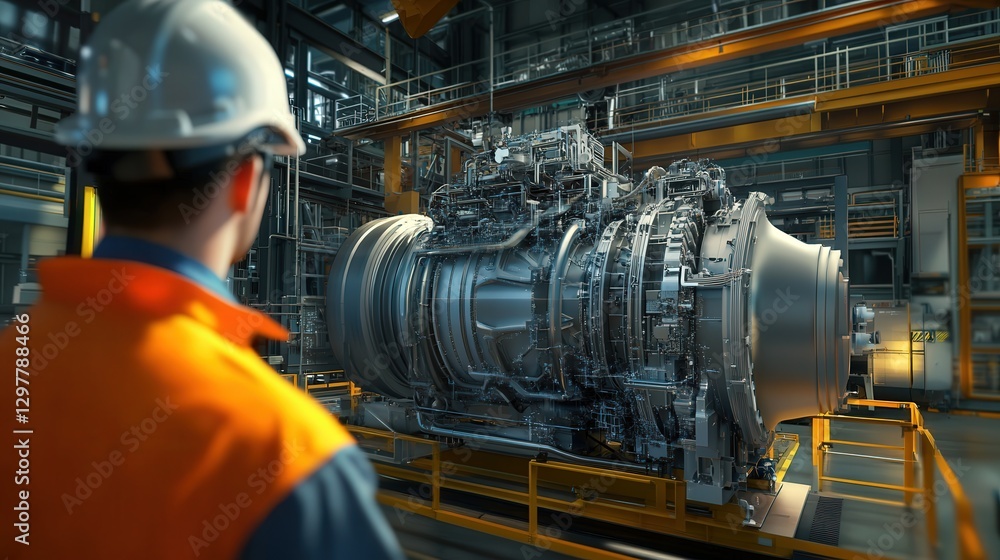 Poster cutting-edge factory floor where a male engineer uses augmented reality technology to analyze a 3d h