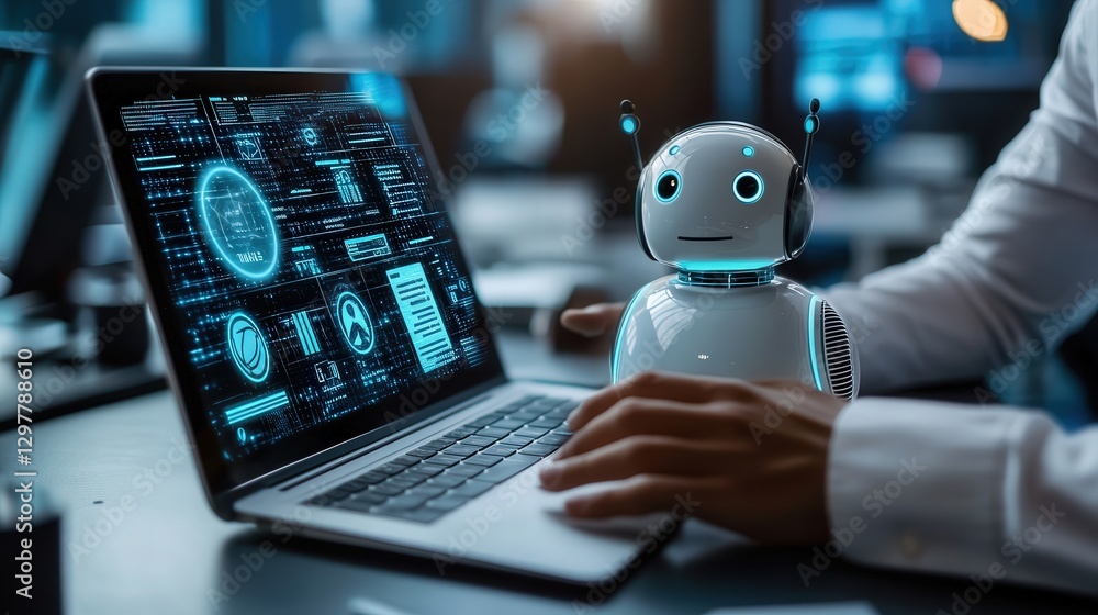 Poster cutting-edge office where a businessman utilizes ai solutions for data-driven insights, streamlining