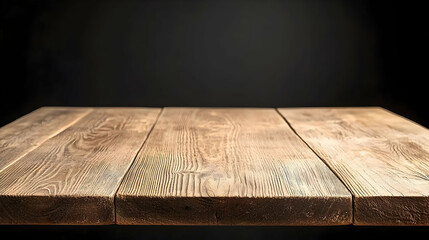Wooden Table Surface with Grain Texture and Dark Black Background