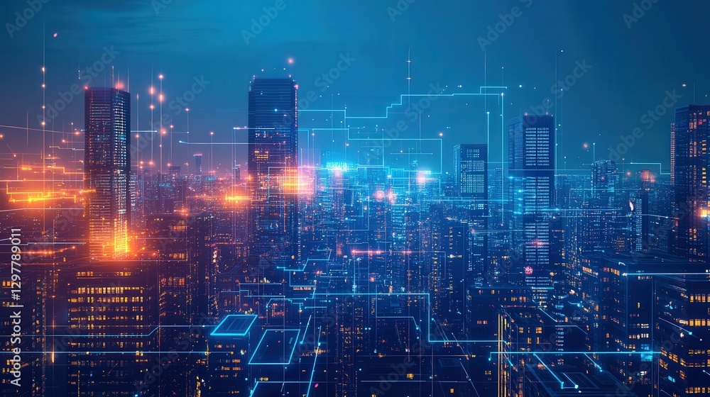 Poster smart city building with integrated technology that adapts to the needs of its residents, offering e