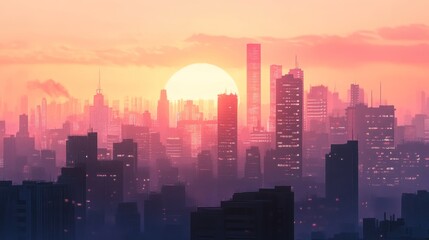 Fototapeta premium Urban Twilight, A dreamy cityscape bathed in warm sunset hues