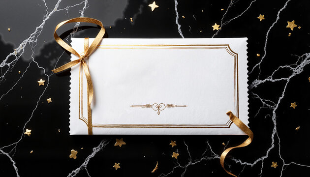 Elegant graduation invitation frame with gold details on black marble for formal announcements