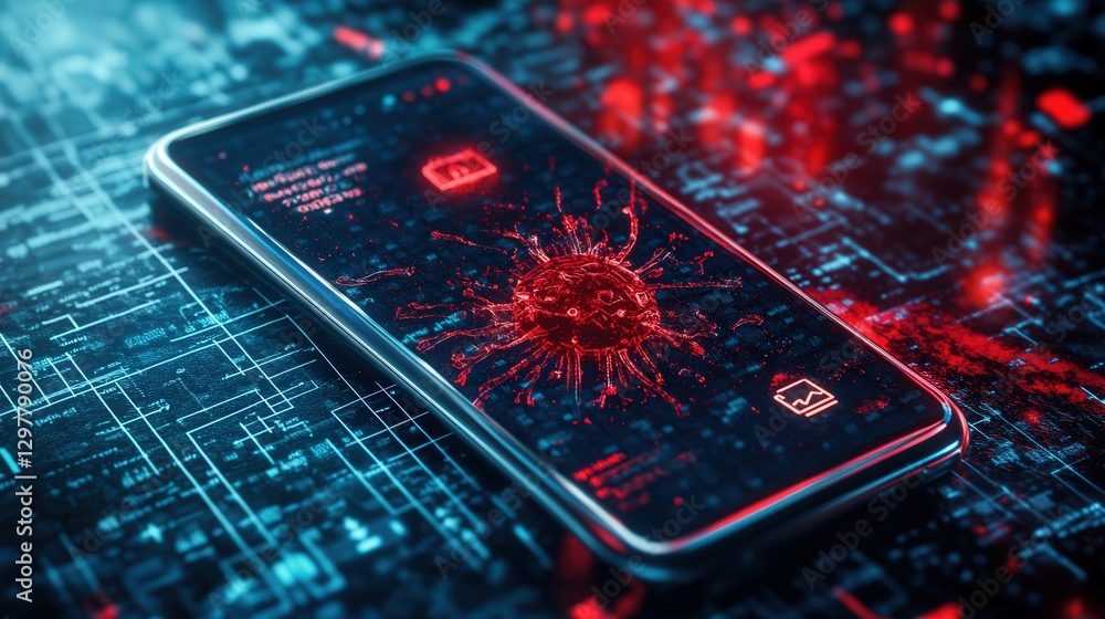 Poster digital design that shows a phone screen displaying phishing messages, red warning signs, and system