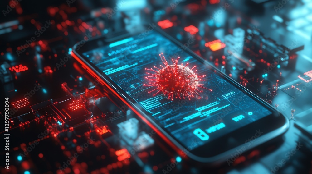 Poster digital design that shows a phone screen displaying phishing messages, red warning signs, and system