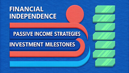 This image features concepts related to financial independence, highlighting passive income strategies and investment milestones against a blue background.