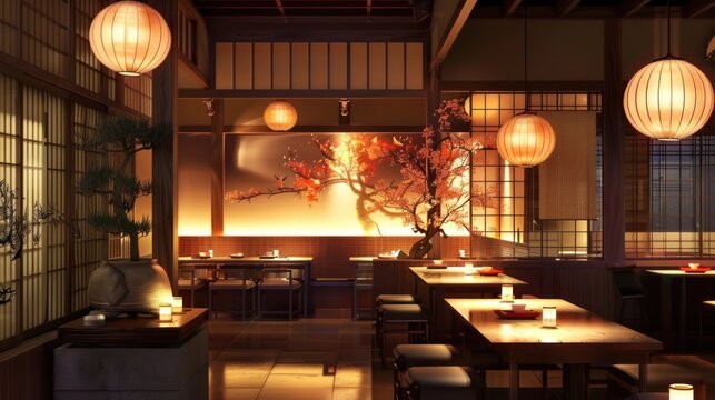 Japanese oriental restaurant room interior building decoration. AI generated image