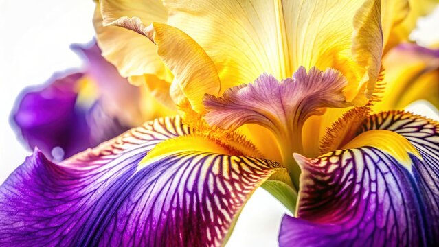 Double Exposure Iris Bloom: Yellow Purple Bearded Iris Petals Close Up Photography