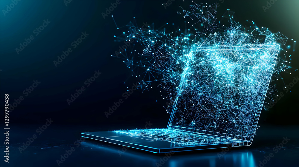 Poster abstract digital laptop emerging with glowing blue particle network against dark background