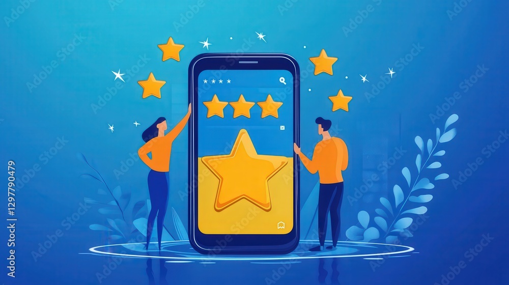 Poster digital survey tool that prompts clients to rate their app experience with five stars and leave mean
