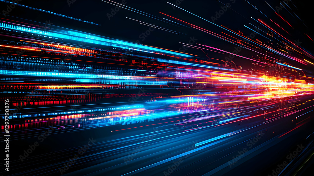 Aufkleber abstract digital data stream with blue and orange light trails against dark background creating moti