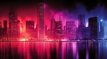 Fototapeta premium Futuristic metropolis skyline at twilight with vibrant neon reflections shimmering across dark water surfaces cityscapes architecture