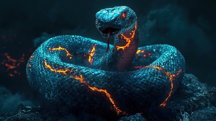 A blue and orange snake coils around rocks, its tongue sticking out in a menacing manner.