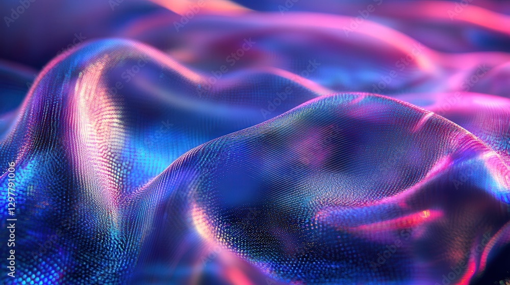 Poster dreamlike holographic fabric with rippling waves of color that respond dynamically to simulated wind
