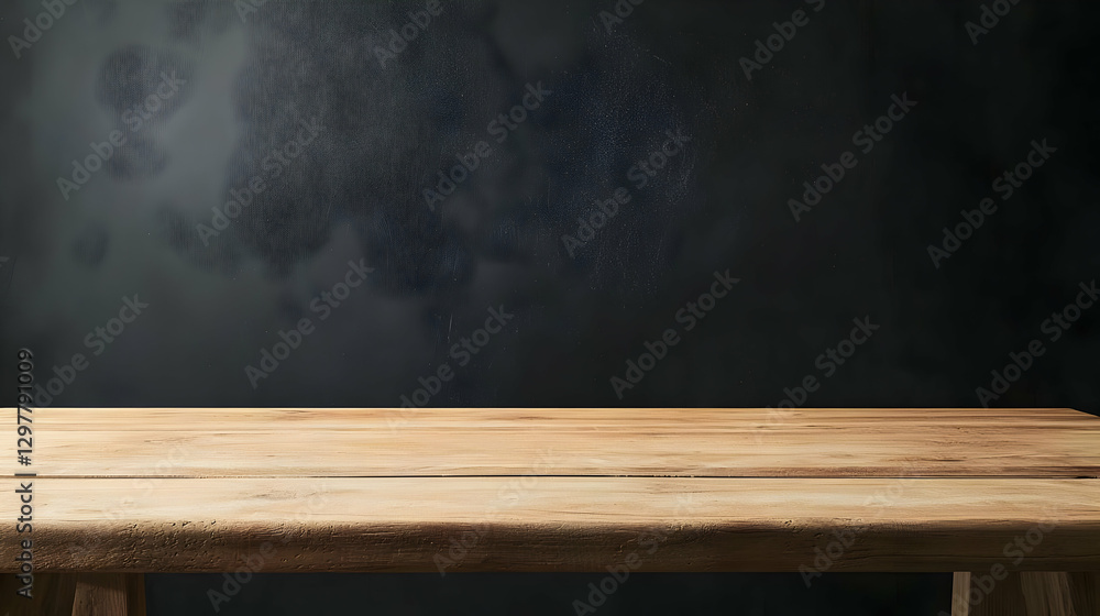 Aufkleber wooden table surface against dark textured wall background with empty space for product display