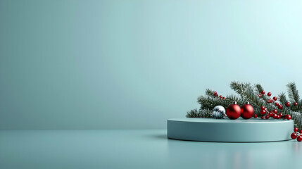 Minimalist Christmas Decoration With Red Ornaments And Greenery On A Round Blue Podium Against A Light Blue Backdrop