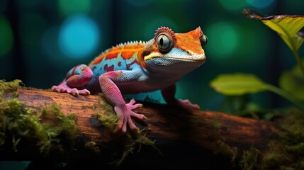 Fototapeta premium Close up of colorful gecko on the branch in deep rainforest. AI generated image