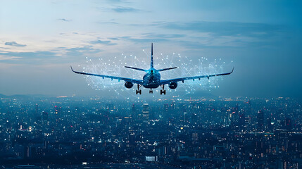 Airplane Flying Over Illuminated City At Night Showing Data Network Connections