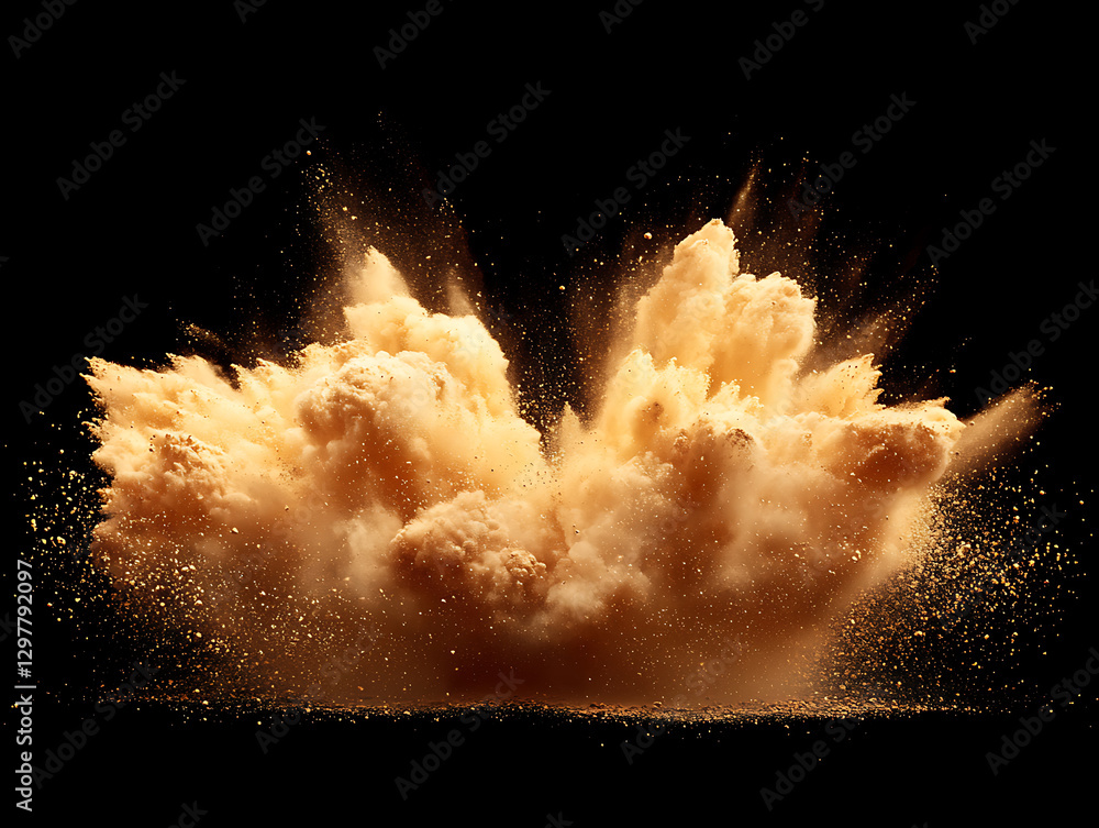 Poster explosive eruption of dust and debris laboratory setting high-speed photography dark background dyna