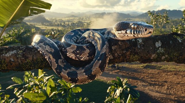 A large snake with a patterned skin rests on a tree branch.