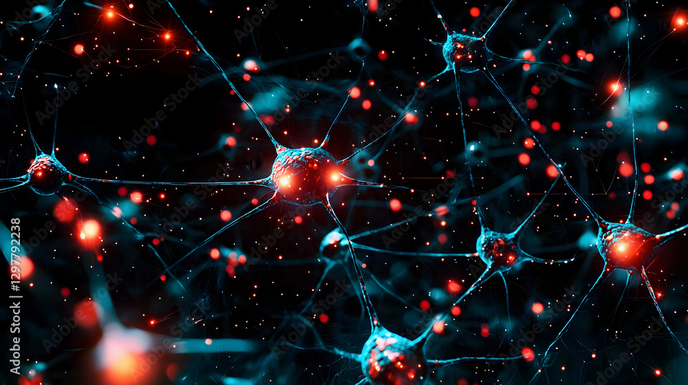 Poster abstract neural network structure with red and blue lights against black background