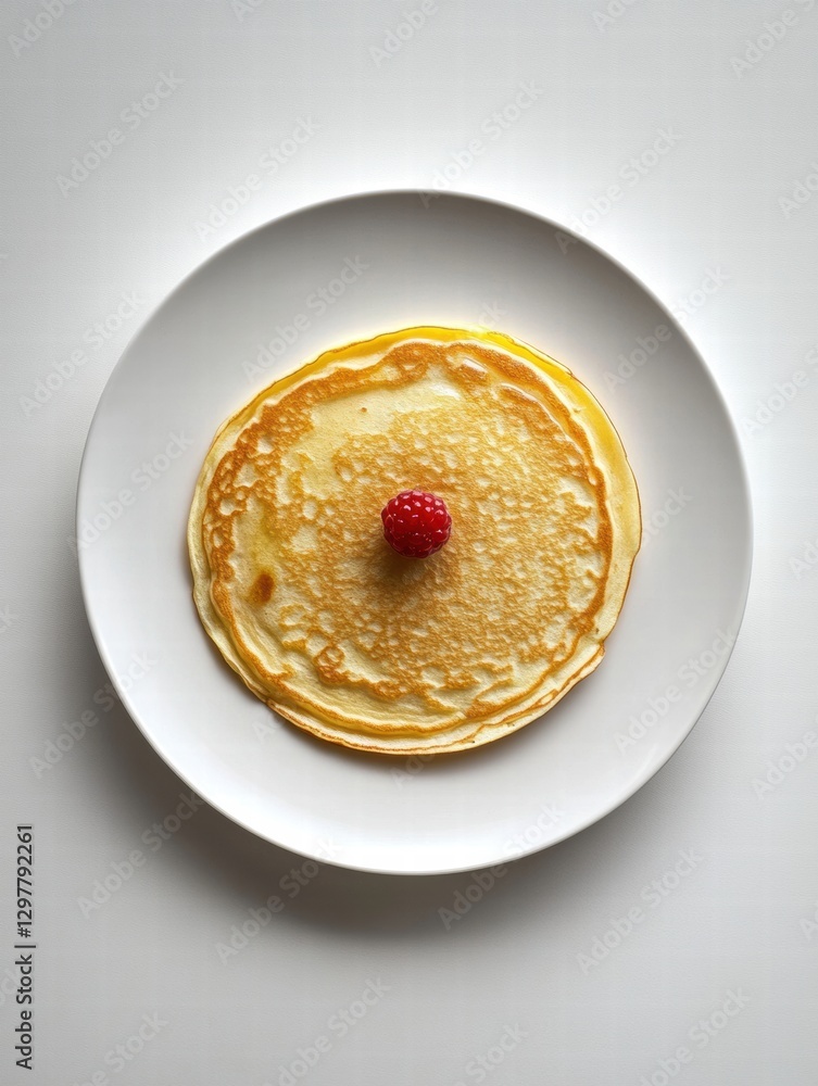 Poster Perfectly cooked pancake topped with fresh raspberry on a white plate. Generative AI