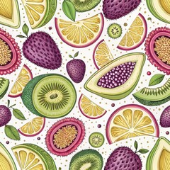 Seamless Fruit Pattern Art Kitchen Decor Digital Design Vibrant Colors Top-Down View Nature Inspiration