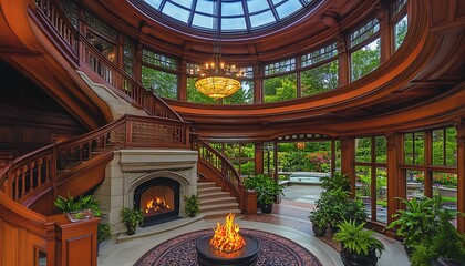 Obraz premium Grand Foyer with Fireplace & Garden View for Sale