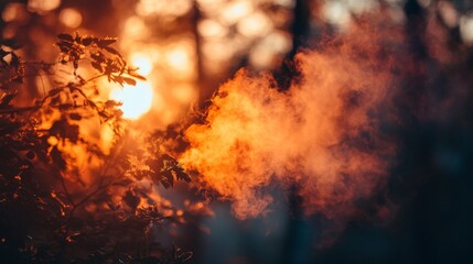 A close up of a fire burning in a forest. The flames are intense and the smoke is billowing into the air.