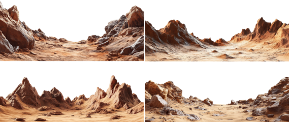 Set of Martian landscapes with rugged red terrain, isolated on transparent cutout background