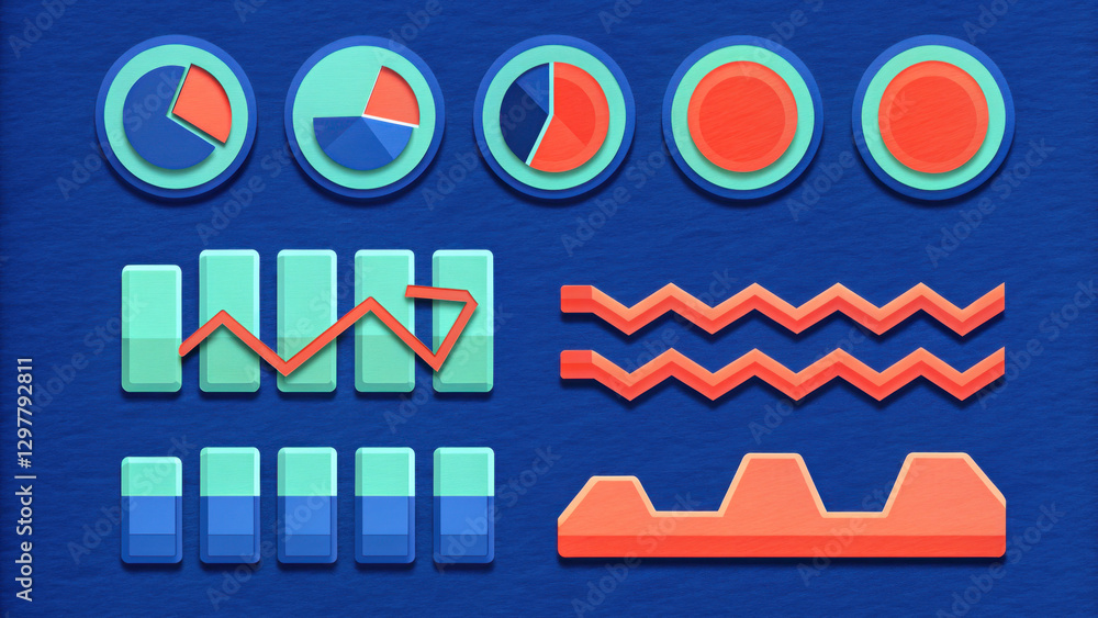 Aufkleber abstract graphic featuring colorful data visualization elements like pie charts, bars, and lines on 