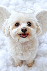 Adorable White Fluffy Puppy with Angel Wings and Halo on Cloud Background