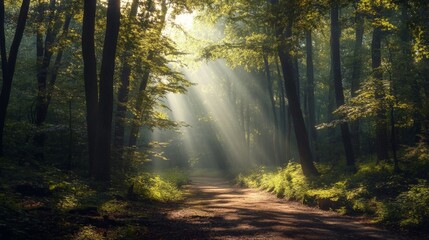 Fototapeta premium Sun rays illuminating a path through the trees in a dense forest.