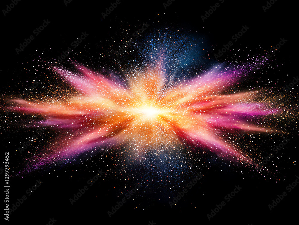 Poster cosmic explosion event outer space digital art nebula wide angle colorful visualization