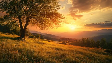 Naklejka premium Golden hour sunset over a mountain landscape, with a solitary tree in the foreground