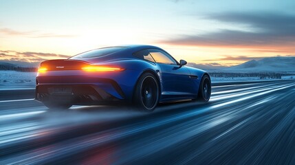 Blue luxury car speeding on snow-covered road at sunset achieving high velocity and showcasing modern automotive engineering design
