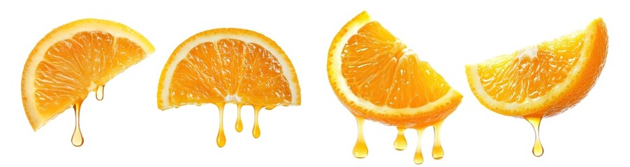 Set of delicious orange slices with juice droplets dripping down, isolated on a transparent background