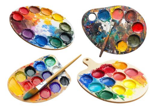 Set of artist paint palettes with colorful paints and brushes, isolated on transparent cutout background