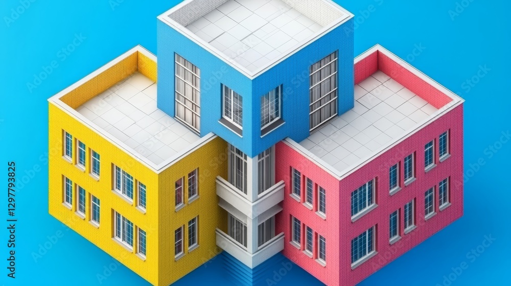 Poster abstract isometric architecture concept representing urban housing solutions and a colorful voxel bu